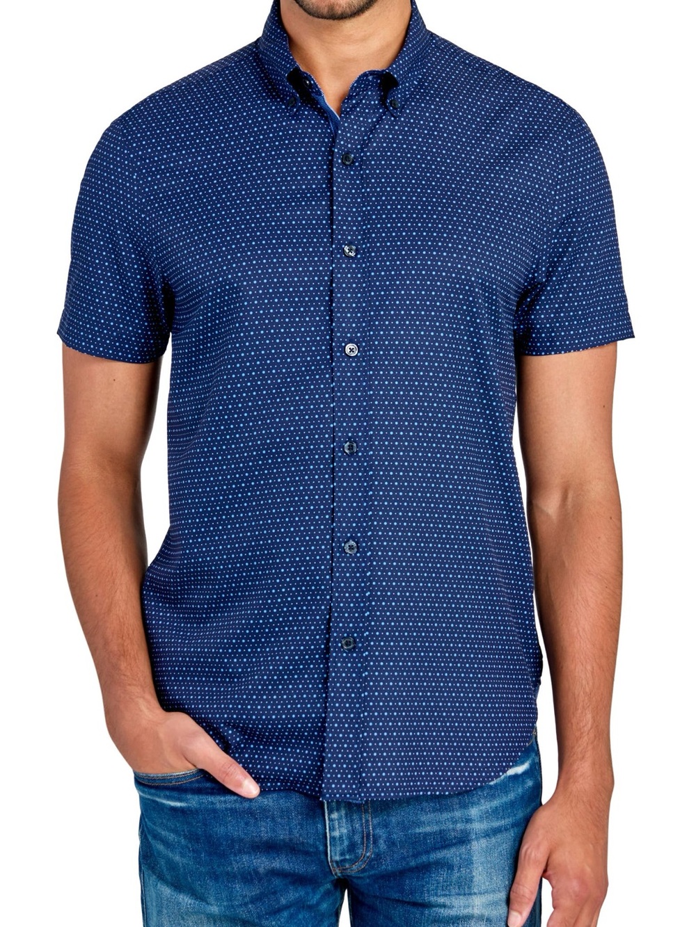 Construct- Men's Short-Sleeve Navy Microdot Shirt - Picture 3 of 9